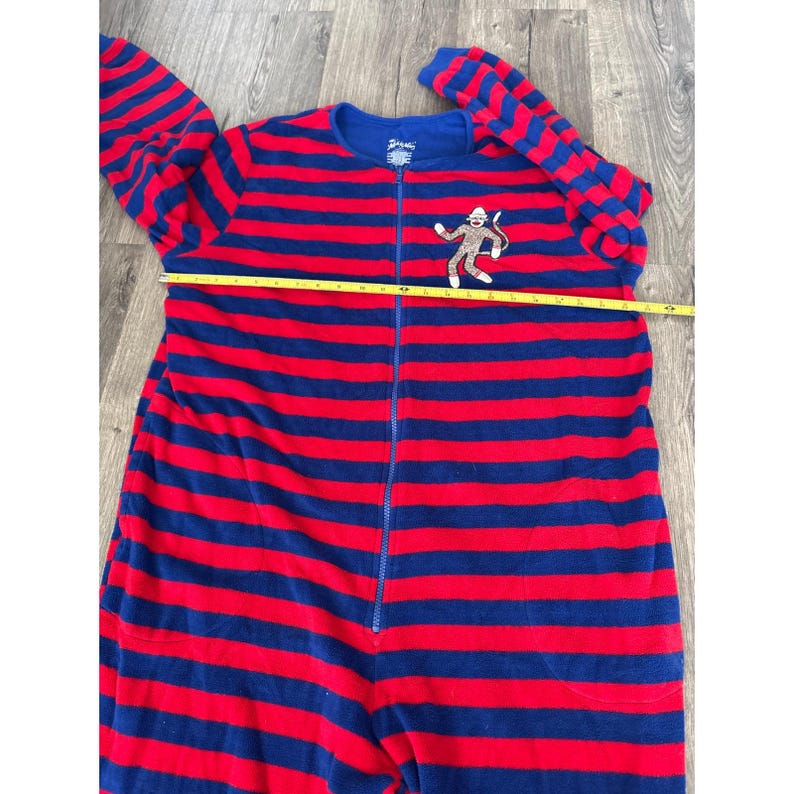 Nick & Nora Womens XL Sock Monkey Footed Schlafanzug Fleece Gestreifter Babybody Rot Blau Bild 8