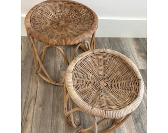 Vintage MCM Rattan Wicker Nesting Stools Tables Boho  Set of 2 Natural Wood