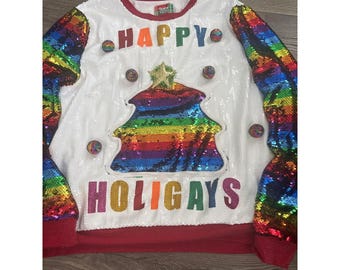 Suéter navideño de lentejuelas arcoíris Happy Holigays de Spencer's Workshop, talla grande