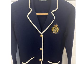Vintage y2k Ralph Lauren  Navy Blazer Crest Gold Buttons Merino Wool Knit Jacket