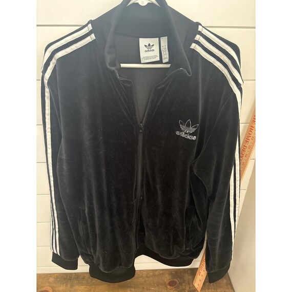 Vintage Adidas Originals Mens Velour Track Jacket Black White Stripes Trefoil Lg