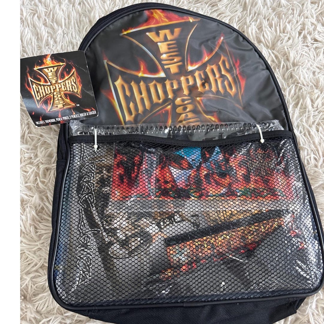 Vintage Y2k West Coast Choppers Backpack Black Flames Skull