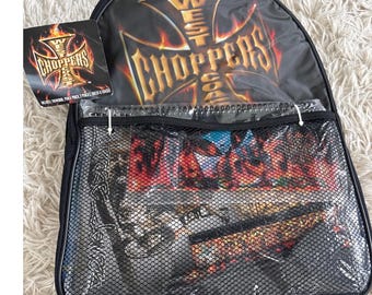 Vintage Y2k West Coast Choppers Backpack Black Flames Skull