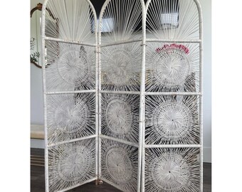 Vintage 1070er Weißer Korb 3-Panel Raumteiler Sunburst Boho Falten Sichtschutz