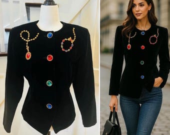 vintage des années 90 Leslie Fay Noël velours noir bijou bouton veste taille 12P