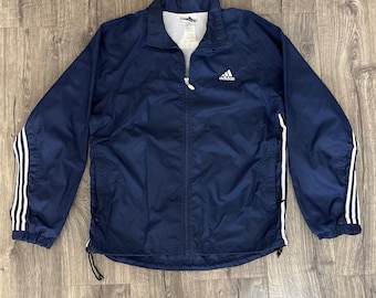 Vintage y2k Adidas Mens Navy Blue Windbreaker Jacket Full Zip 3 Stripe  M
