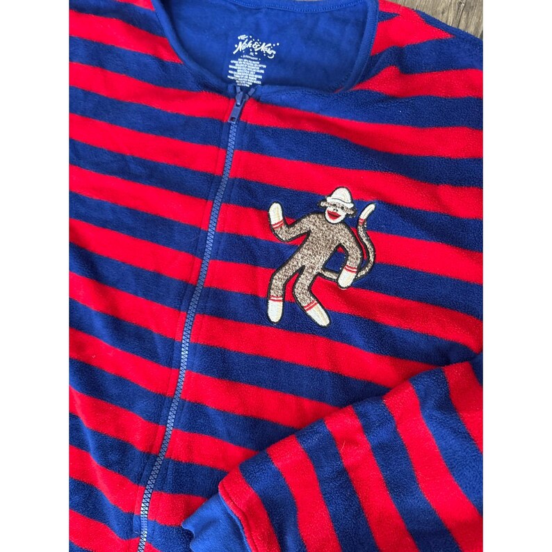 Nick & Nora Womens XL Sock Monkey Footed Schlafanzug Fleece Gestreifter Babybody Rot Blau Bild 5