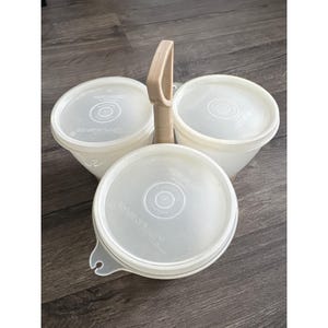 Vintage 70's Tupperware Carousel Condiment Server 3 Containers Lids Tan Caddy