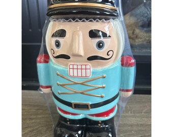 Tarro para galletas de cerámica azul con diseño de cascanueces y cascanueces, estilo bistró, 26,7 cm (10,5 pulgadas).