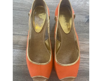 Lauren Ralph Lauren Charlotte Orange Canvas Gold Trim Wedge Espadrilles 8B