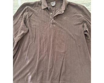 Polo Lacoste Vintage a maniche lunghe, marrone slavato, taglia XL, in piqué di cotone.