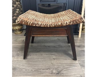 RARE Vintage MCO Woven Seagrass Saddle Seat Bench Dark Wood Ottoman Stool Boho