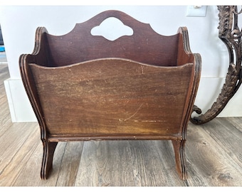 Vintage 20's Wood Magazine Rack Double Compartment Scalloped Handle