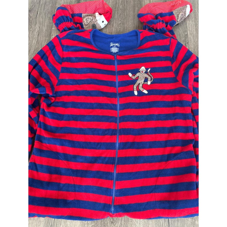 Nick & Nora Womens XL Sock Monkey Footed Schlafanzug Fleece Gestreifter Babybody Rot Blau Bild 1