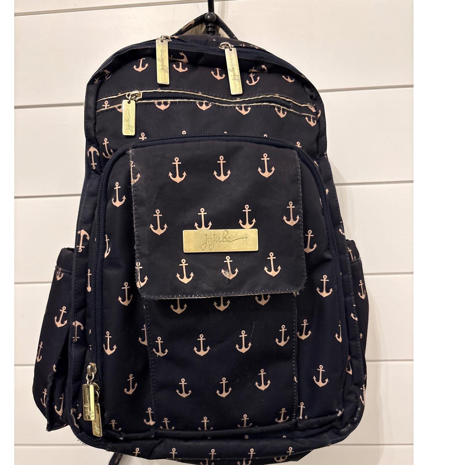 Ju-Ju-Be Navy Diaper Backpack with Pink Anchor Print and Gold Hardware Jujube Navy Anchor Print Backpack Diaper Bag Gold Hardware  main image 2