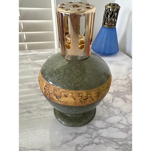 Vintage Ceramic Fragrance Lamp Green Floral Gold Diffuser Cap