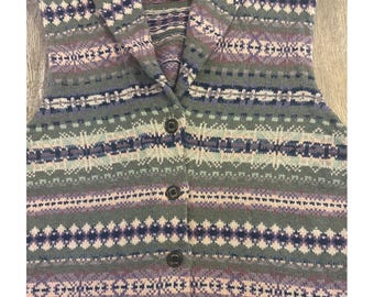 Vintage Chaps Fair Isle Knit Vest Women L G Shawl Collar Button Front Sweater