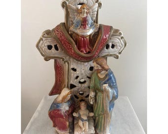 Vintage Keramik Krippe Szene durchbohrt Kreuz Figur Heilige Familie Engel Dekor