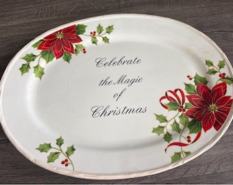 Piatto da portata ovale in ceramica con motivo natalizio vintage Atico International Poinsettia