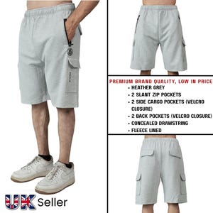 Mens Fleece Lined Cargo Shorts 6 Pockets | Premium Warm Winter Lounge Shorts | Casual Sportswear | Grey Gym Shorts with Zip Pockets