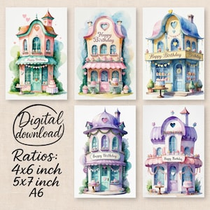Whimsical Birthday Card – Watercolor Bakery House Illustration – Cute Happy Birthday Greeting Card – Pastel Printable Card