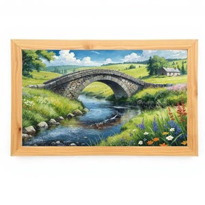 Kunst Stein Brücke über dem glitzernden Bach – Wildblumen Wiese Landschaft Wall Art Print