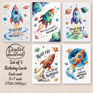 Rocket Geburtstagskarten-Bundle - 5 druckbare Weltall-Karten für Kinder - Aquarell Galaxie Partykarten - Sofort Download