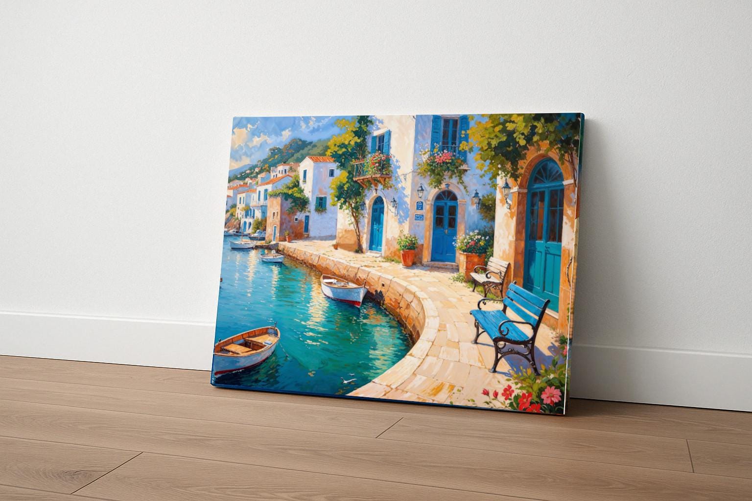 Mediterranean Coastal Town Wall Art – Serene Bay View in Painting Style ...