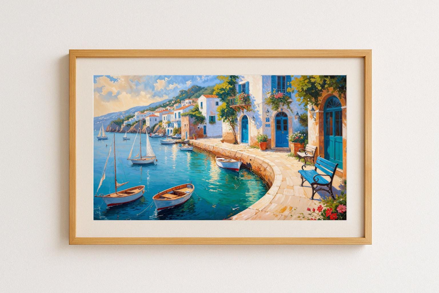 Mediterranean Coastal Town Wall Art – Serene Bay View in Painting Style ...