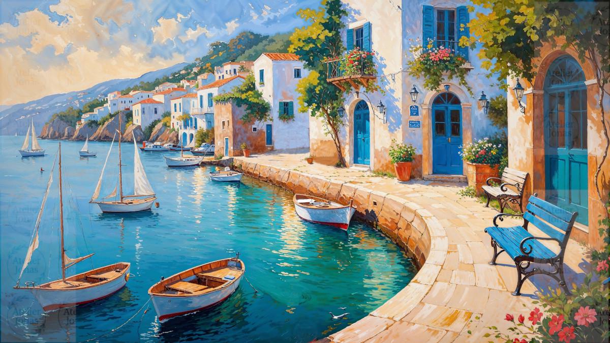 Mediterranean Coastal Town Wall Art – Serene Bay View in Painting Style ...