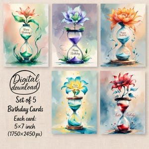 Lot de 5 cartes d'anniversaire – « Fleur du temps » – Aquarelle de fleurs poussant sur un sablier – 5 combinaisons de couleurs – design symbolique poétique