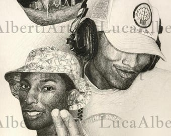 Dibujo a lápiz de Pharrell Williams dibujado a mano