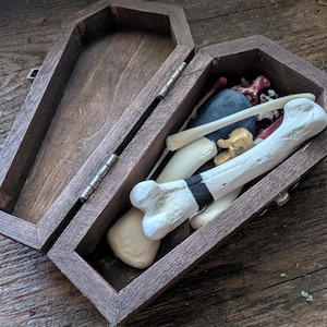 Op de afbeelding: Een donkerbruine, houten kist in de vorm van een kist, open om een verzameling botten en andere voorwerpen te onthullen. De kist is scharnierend en heeft een eenvoudige sluiting. De inhoud omvat geschilderde botten, een blauwe bol en kleine rode voorwerpen. De kist staat op een houten oppervlak.