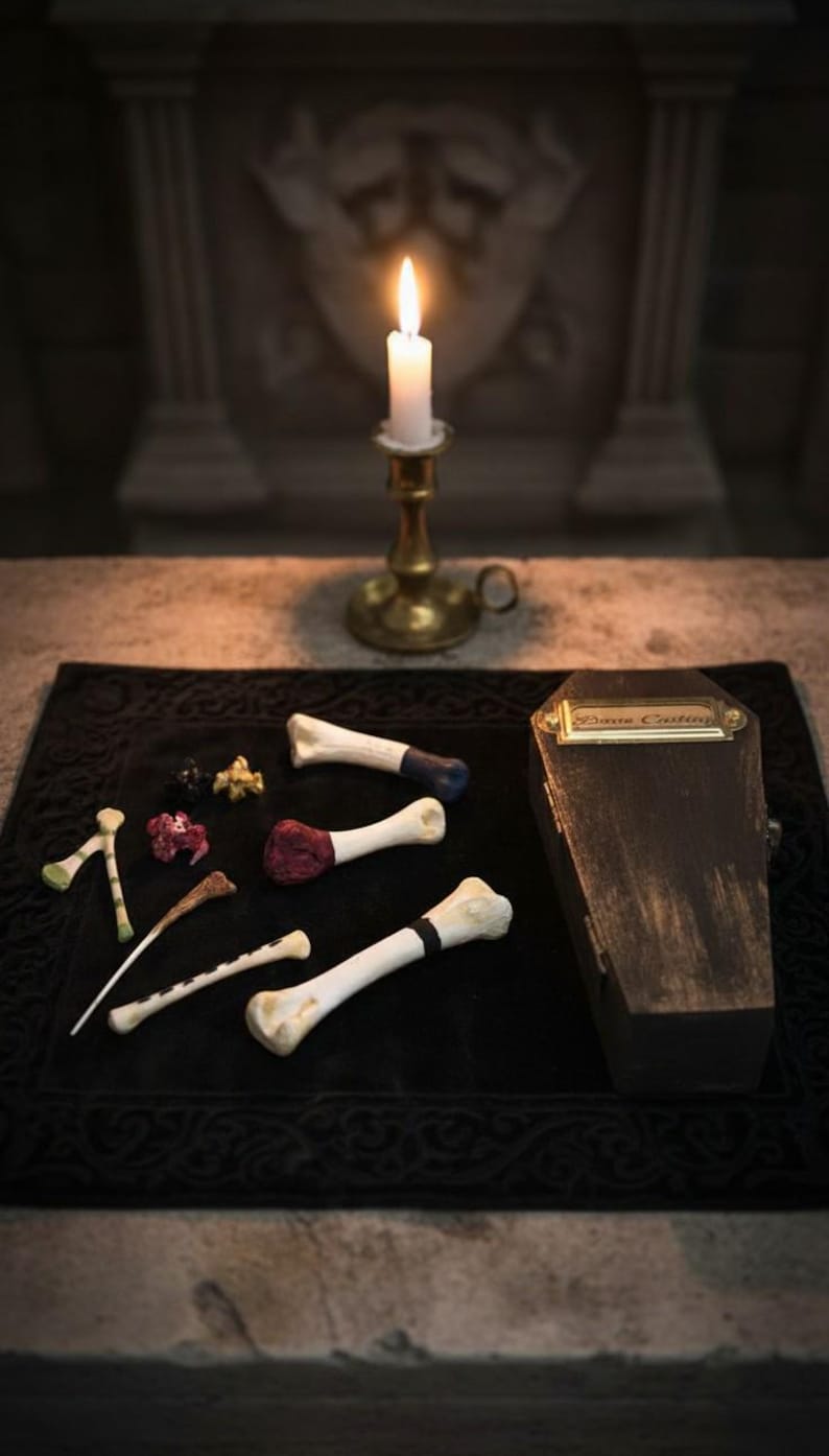 Op de afbeelding: Een kaars brandt in een gouden kandelaar en verlicht een sc&egrave;ne met botachtige objecten en een kleine kist. De objecten zijn gerangschikt op een zwart oppervlak, wat een gotische of Halloween-sfeer cre&euml;ert. De kist heeft een gouden naamplaatje.