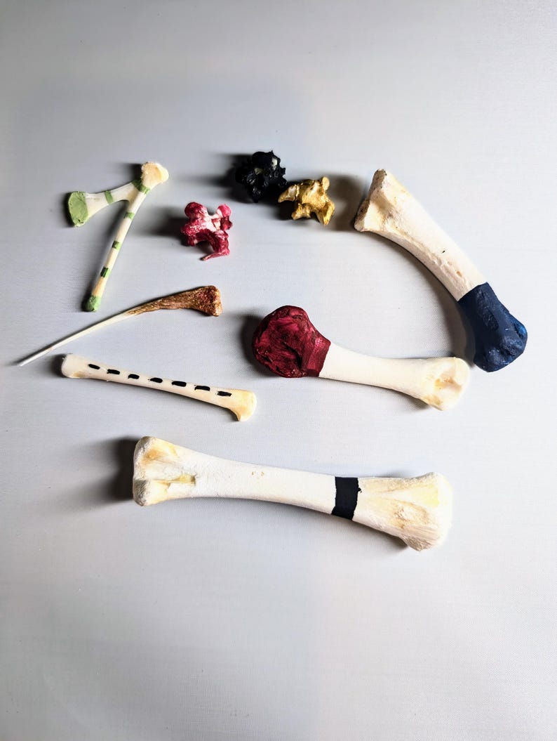 Op de afbeelding: Een assortiment van beschilderde botvormige objecten in verschillende kleuren. De objecten omvatten witte botten met geschilderde accenten in groen, rood, zwart en blauw. Sommige hebben strepen of effen gekleurde uiteinden. De objecten zijn gerangschikt op een lichtgrijze ondergrond.