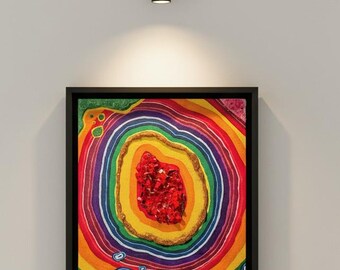 Arte de cristal inspirado en ágata y geoda sobre lienzo: decoración de pared única, hecha a mano, de 8 x 10 pulgadas