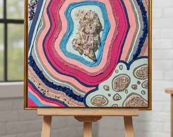 Arte de cristal inspirado en ágata y geoda sobre lienzo: decoración de pared única, hecha a mano, de 8 x 10 pulgadas