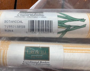 2 unopened rolls yellow-trimmed wallpaper border 6.75" H, 5 yds L