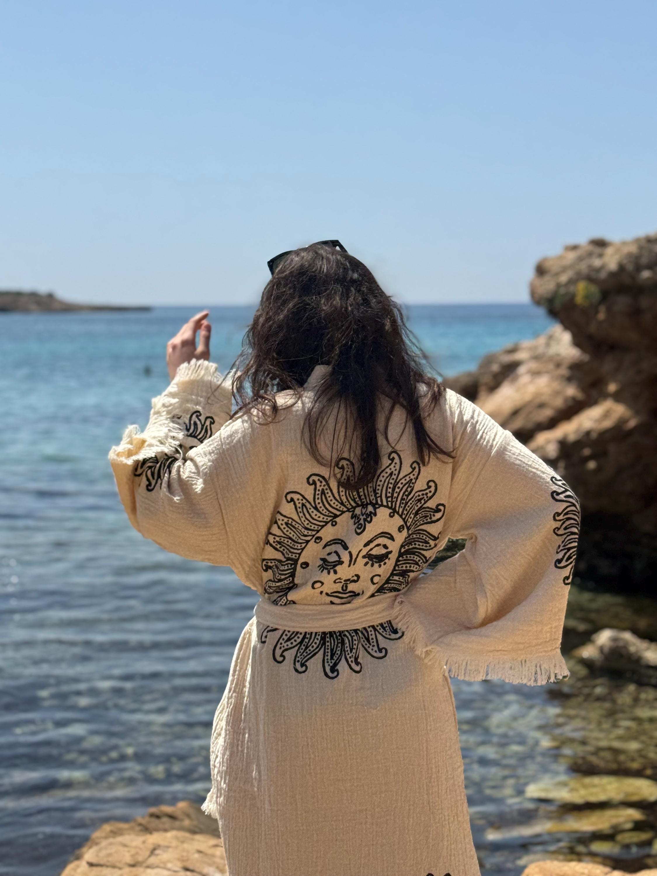 Hand-Stamped Sun Kimono: Turkish Cotton Boho Bathrobe