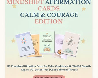 以下が含まれることがあります： 「Mindshift Affirmation Cards Calm & Courage Edition」と題されたアファメーションカードのセット。カードには、4〜10歳向けのカラフルなイラストと韻を踏んだフレーズが使用されています。落ち着き、自信、そしてマインドフルな成長を促すように設計されています。