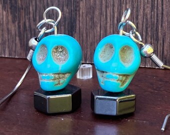 Blue Earrings, One Pair, Dangles, Skulls, Imit Turquoise, Stainless Steel Ear Wires, Medium Weight, 1.75" Long, Fishhook Style, Black