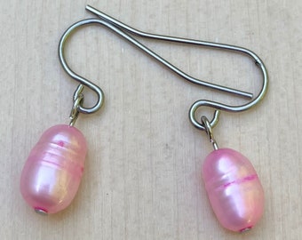 Pink Earrings, One Pair, Dangles, Small Size, Dyed Pearl Beads, Stainless Steel Ear Wires, Lightweight, 0.75" Long, Fishhook Style, Tiny