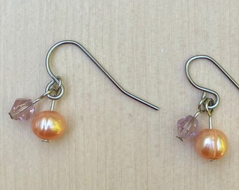 Peach Earrings, One Pair, Dangles, Small Size, Dyed Pearl Beads, Crystal, Stainless Steel Ear Wires, Lightweight, 0.75" Long, Fishhook Style