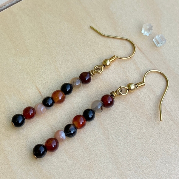 Earrings, One Pair, Dangles, Earth Tone, Asst Stones, Stainless Steel Ear Wires, Lightweight, 2" Long, Fishhook Style, Red Brown Tan Colors