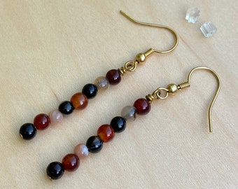 Earrings, One Pair, Dangles, Earth Tone, Asst Stones, Stainless Steel Ear Wires, Lightweight, 2" Long, Fishhook Style, Red Brown Tan Colors