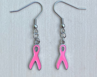 Earrings, One Pair, Dangles, Pink Ribbons, Breast Cancer Awareness, 1.75" Long, Lightweight, Enamel Charms, Steel Earwires, Fishhook Style