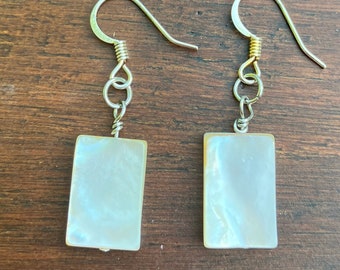 White Earrings, One Pair, Dangles, Mother of Pearl, Rectangle Beads, Stainless Steel Ear Wires, Lightweight, 1.5",  Fishhook Style, Silver