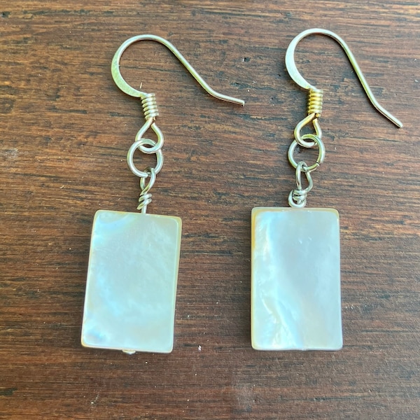 White Earrings, One Pair, Dangles, Mother of Pearl, Rectangle Beads, Stainless Steel Ear Wires, Lightweight, 1.5",  Fishhook Style, Silver