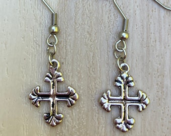 Silver Color Earrings, One Pair, Cross, Christian, Lightweight, 1.75" Long, Fishhook Style, Small Dangles, Religious, Statement Piece, Holy