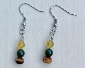 Earrings, One Pair, Dangles, Earth Tone, Glass, Stainless Steel Ear Wires, Lightweight, 2" Long, Fishhook Style, Yellow Green Brown